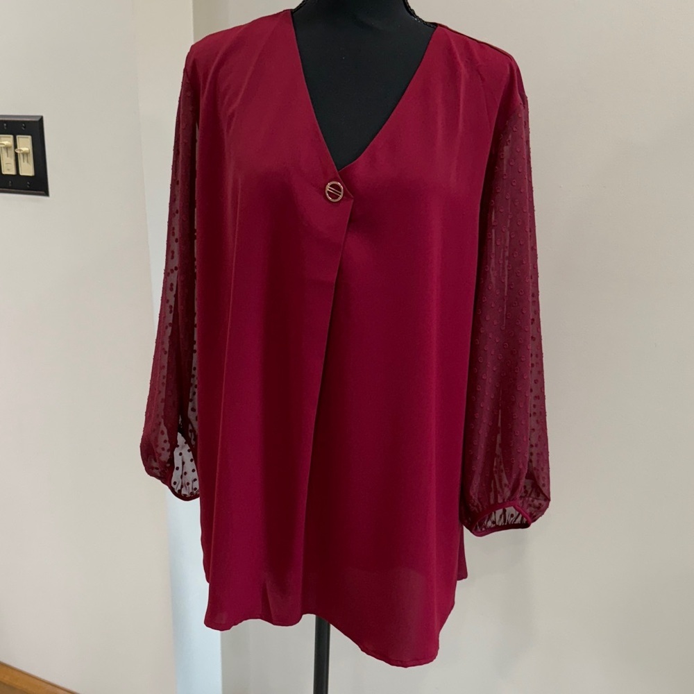 Bebonnie NWT maroon red sheer dot sleeves tunic blouse top size XXXL